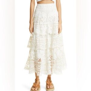 NEW FARM Rio Natural Off White Alucina Luz Guipire Lace Midi Skirt Size Medium